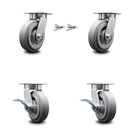 Service Caster 6 Inch Kingpinless Thermoplastic Rubber Wheel Caster Swivel Locks 2 Brakes, 2PK SCC-KP30S620-TPRRF-BSL-2-SLB-2